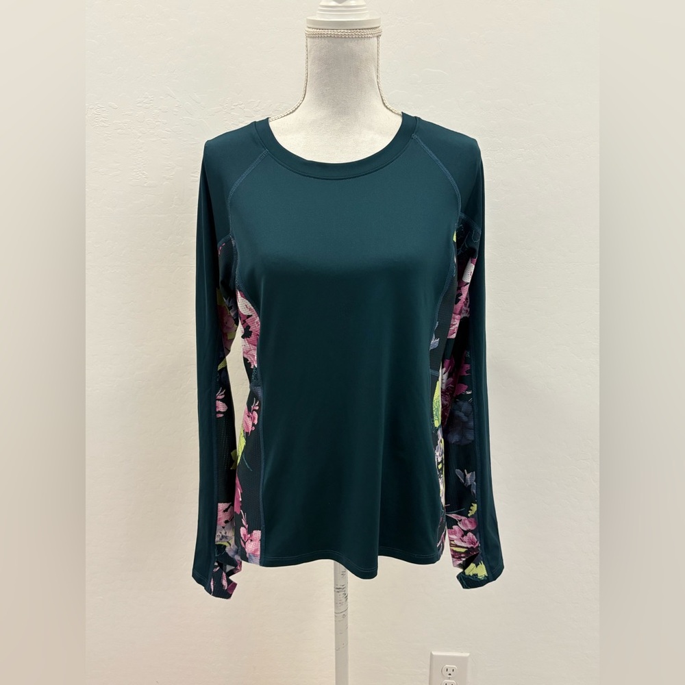 Fila Sport Green Purple Flower Long Sleeve Mesh Top Size Large